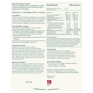 Produktetikett for Solve DGS15 med bruksanvisning, ingrediensliste og næringsinnhold
