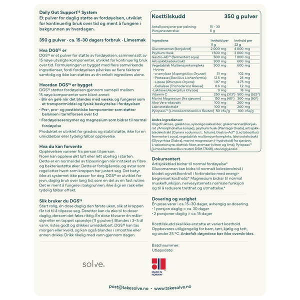 Produktetikett for Solve DGS15 med bruksanvisning, ingrediensliste og næringsinnhold