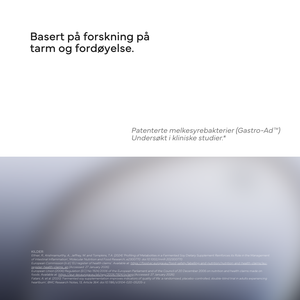 Tekstslide om Gastro-Ad melkesyrebakterier basert på forskning på tarm og fordøyelse, med kildehenvisninger