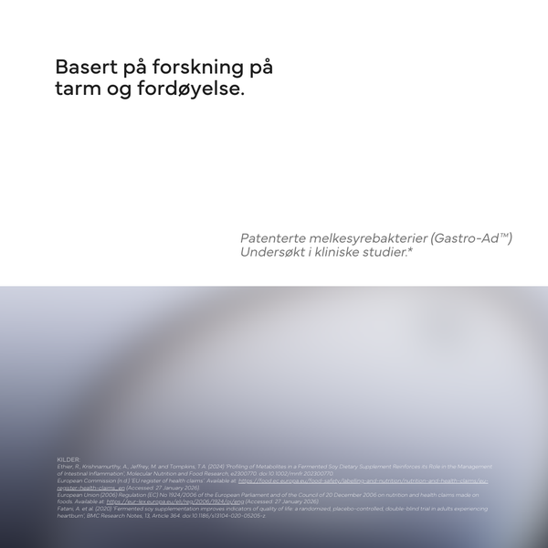 Tekstslide om Gastro-Ad melkesyrebakterier basert på forskning på tarm og fordøyelse, med kildehenvisninger