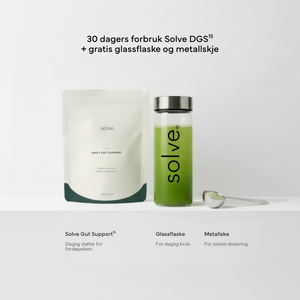 Solve Gut Support 30-dagers pakke med pose, glassflaske og metallskje, med tekst om daglig fordøyelsesstøtte