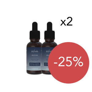 To flasker med Solve Melatonin dryppløsning merket x2, med kampanjeboble -25%