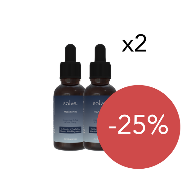 To flasker med Solve Melatonin dryppløsning merket x2, med kampanjeboble -25%