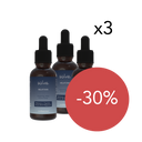 Tre flasker med Solve Melatonin dryppløsning merket x3, med kampanjeboble -30%