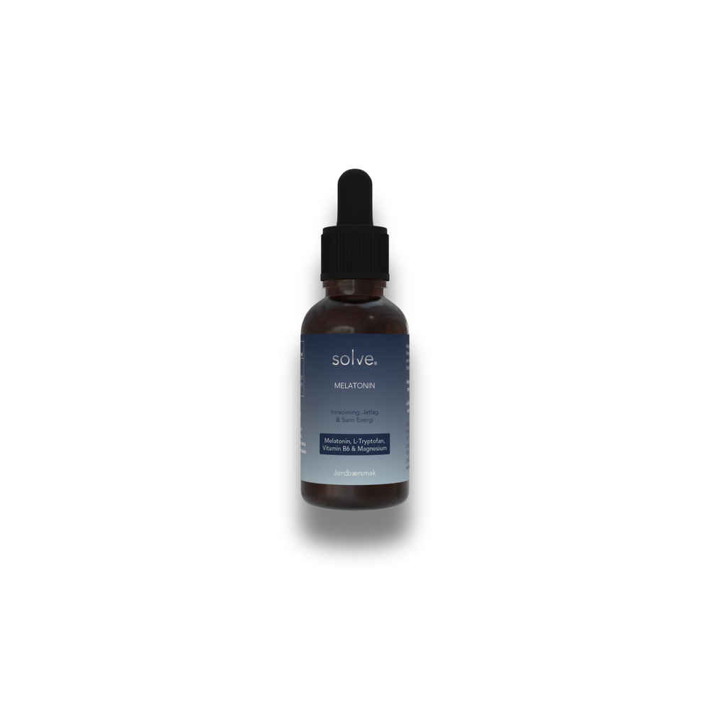 Solve Melatonin dryppflaske mot hvit bakgrunn