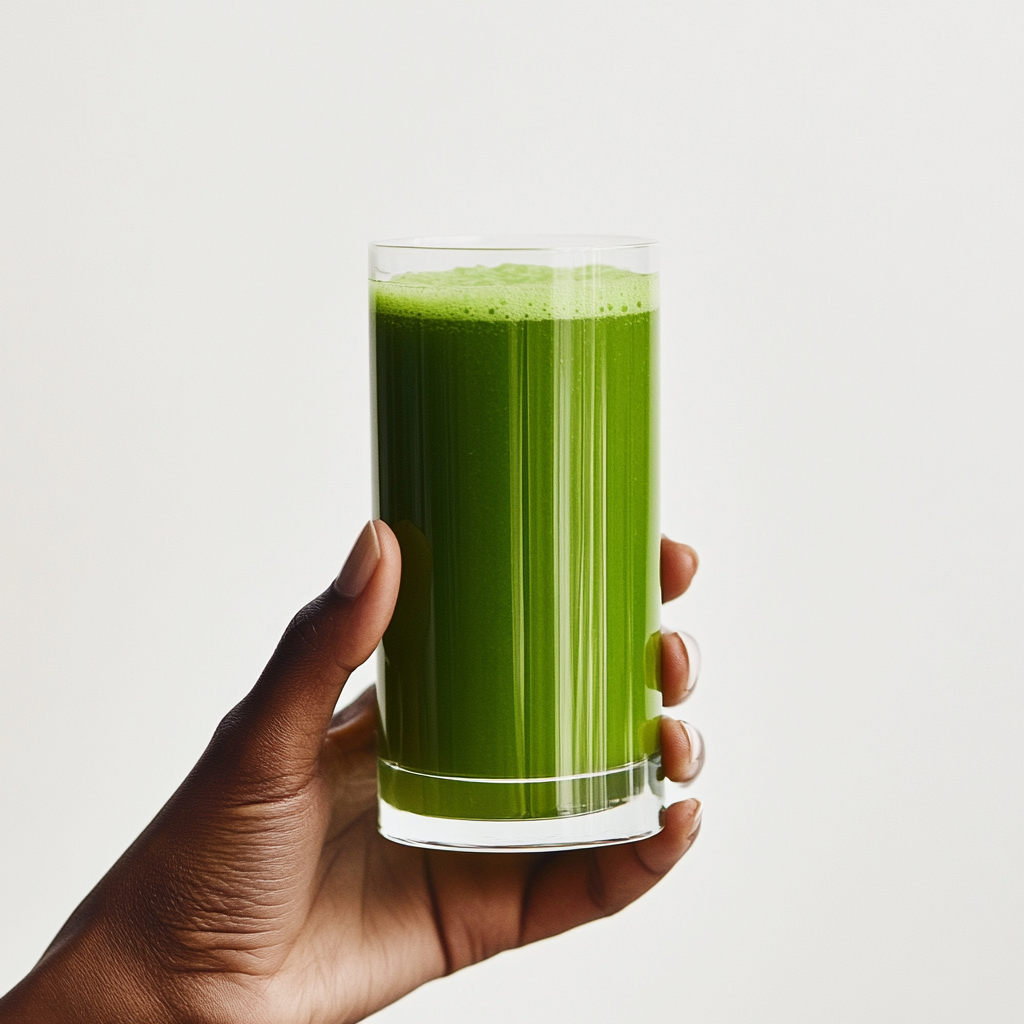 Hånd som holder et glass med grønn smoothie