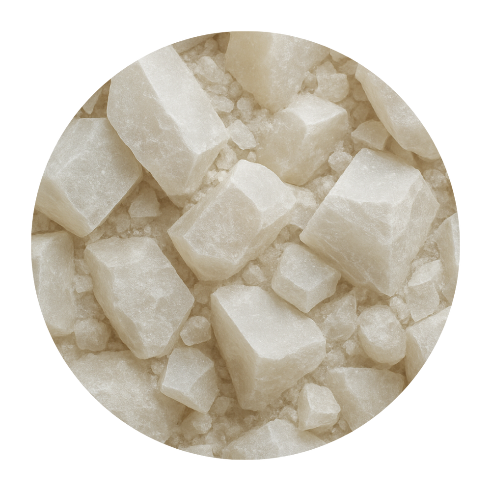 Nærbilde av hvite mineralkrystaller som illustrerer ingrediensen mineraler
