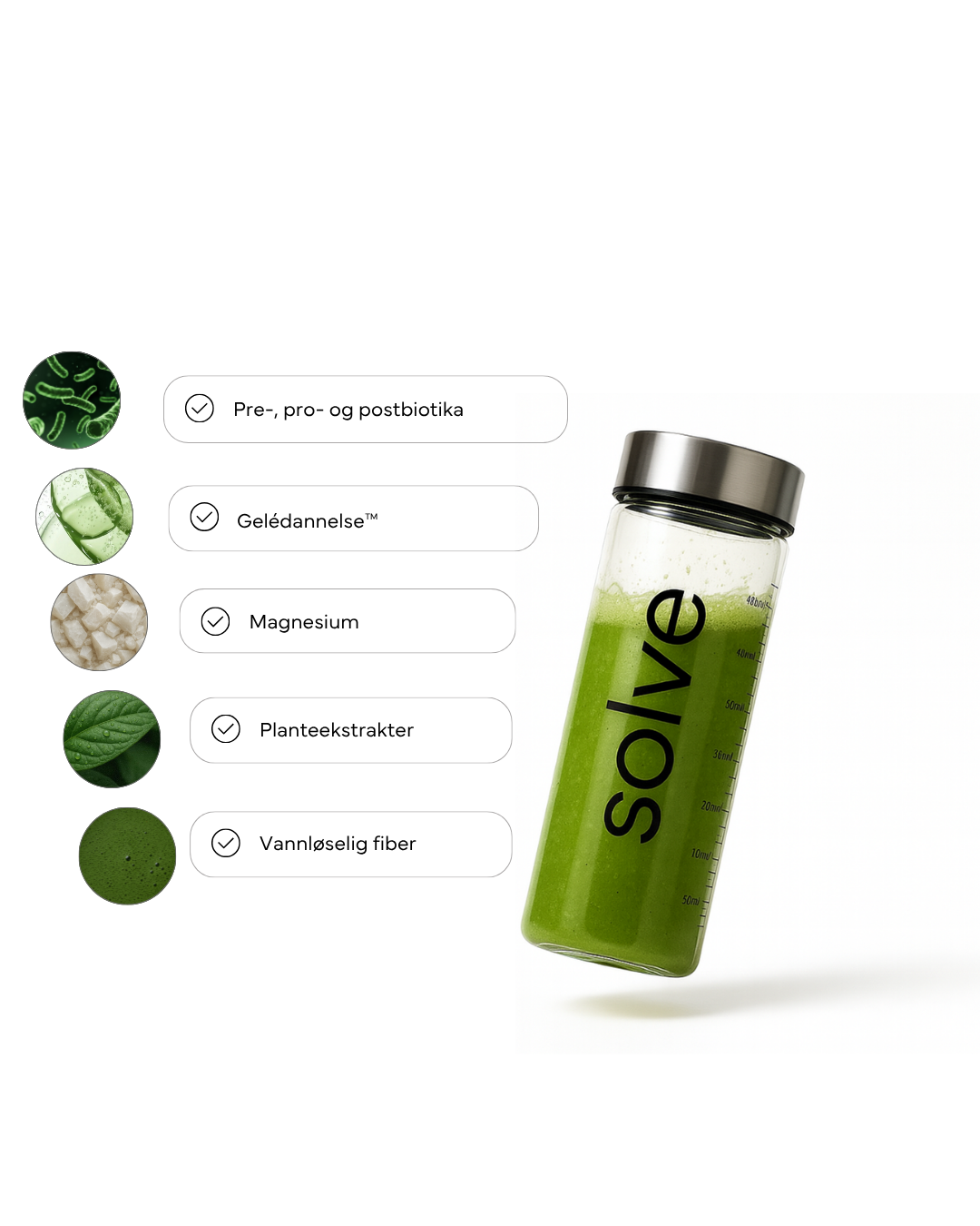 Grønn Solve-drikkeflaske med oversikt over ingredienser: pre-, pro- og postbiotika, gelédannelse, magnesium, planteekstrakter og vannløselig fiber