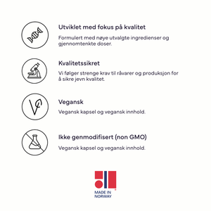 Infografikk med Solve sine kvalitetskjennetegn: kvalitetsfokus, kvalitetssikring, vegansk og ikke genmodifisert, samt Made in Norway-merke