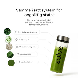 Infografikk om Solve sammensatt system for langsiktig fordøyelsesstøtte med fem ingredienser og grønn drikkeflaske